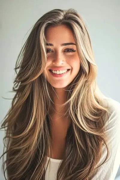 ハイライトされた茶色の長い髪に顔のフレーミングレイヤーを置きます。