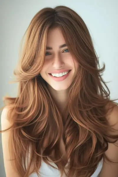 Capas emplumadas de color marrón caramelo sobre una hermosa mujer sonriente.