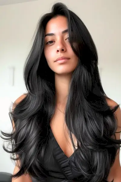 Corte de pelo de mariposa en capas sobre cabello largo y negro.