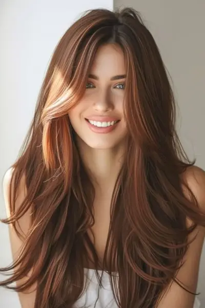 Capas fragmentadas que enmarcan el rostro sobre cabello largo y castaño.