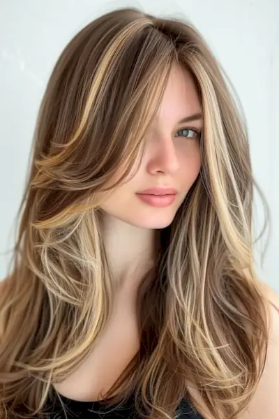 Capas con mechas gruesas en cabello largo.