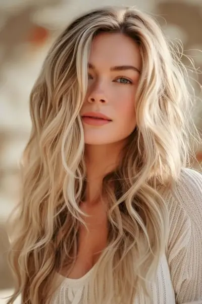 Ondas en capas con textura rubia de playa sobre cabello largo y rubio.