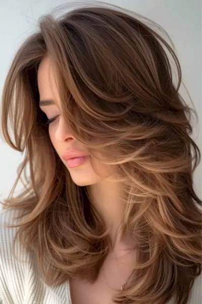 Capas resaltadas con plumas sobre cabello largo y castaño.