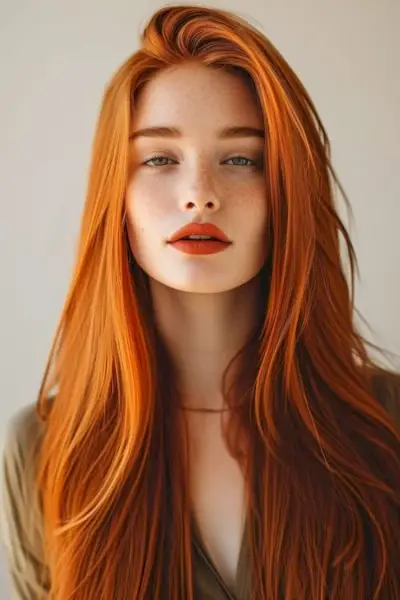 Pelo largo y recto de color rojo anaranjado ardiente con capas sobre una hermosa mujer con lápiz labial rojo.