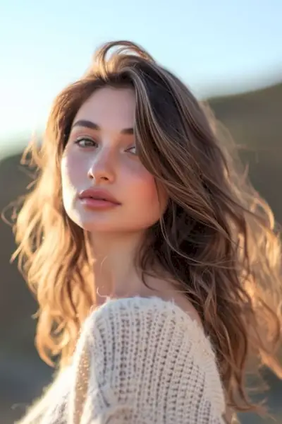 Capas texturizadas despeinadas sobre una mujer hermosa con el pelo largo afuera bajo el sol.