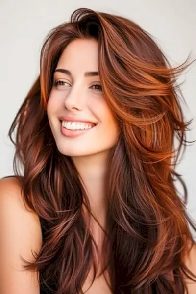 Capas largas y swoopy sobre una hermosa mujer sonriente con cabello largo castaño rojizo con reflejos rojos.