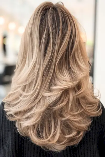 Capas de plumas mezcladas sobre cabello largo y rubio resaltado, vista posterior.