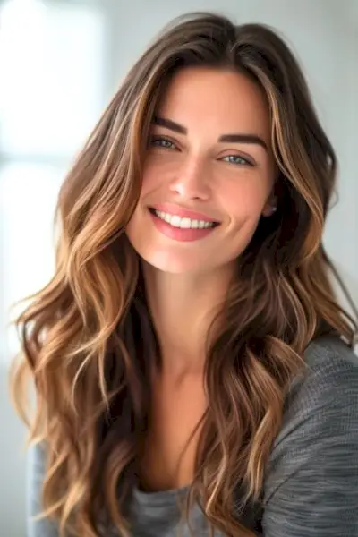 Mechas rubias que enmarcan el rostro de una mujer con cabello largo y castaño ondulado y raya central.