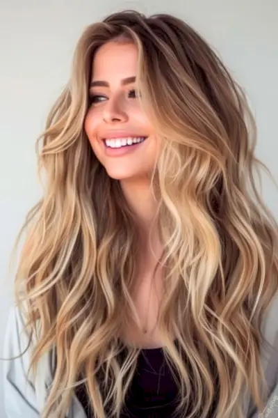 Voluminosas ondas en capas sobre una mujer sonriente con el pelo muy largo.