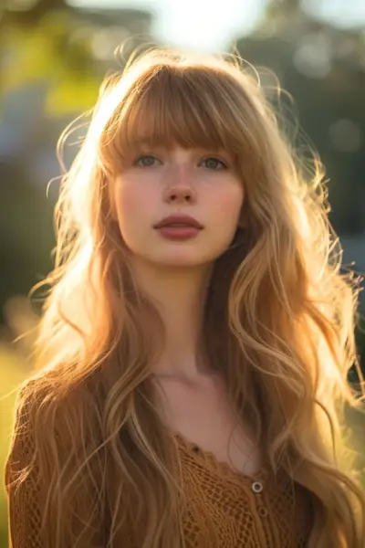 Olas de capas largas con flecos en una mujer bonita con el sol brillando en la espalda.