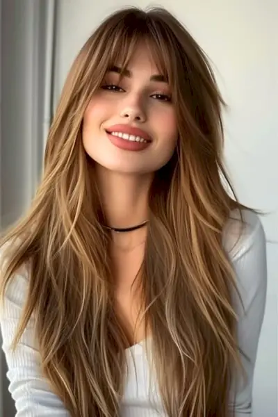 Capas largas con flequillo y reflejos en una hermosa mujer sonriente con cabello castaño.