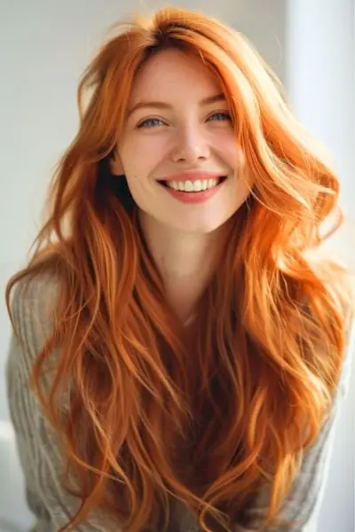 Corte de pelo en capas de cobre brillante para cabello largo.