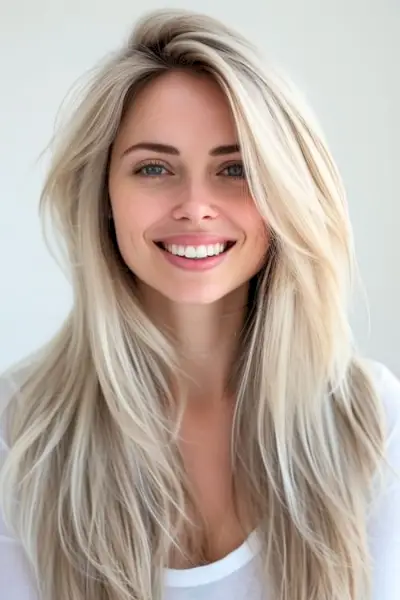 Cabello liso rubio platino con capas en una mujer muy sonriente.