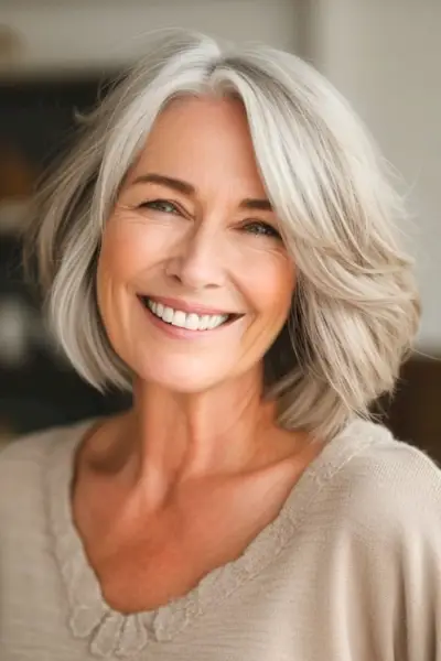 웃고 있는 노부인에게 실버 밥을 레이어드했습니다.