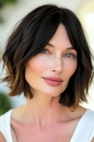 아름다운 나이든 여성에게 커튼 앞머리를 단 밥.