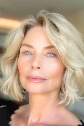 금발 머리를 가진 나이든 여성의 헝클어진 물결 모양의 밥 헤어스타일.