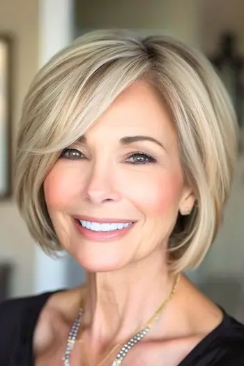 옆머리가 있는 둥근 밥 금발 머리를 가진 웃고 있는 나이든 여성의 헤어스타일입니다.