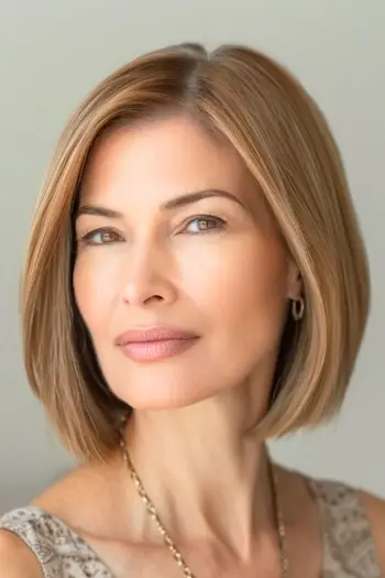 밝은 갈색 머리를 가진 나이든 여성의 사이드 파트 헤어스타일이 있는 밥.