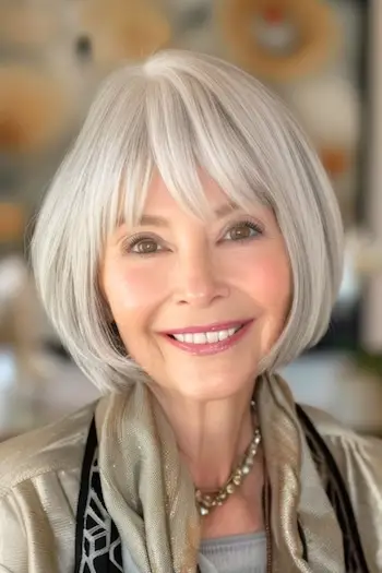 회색 머리를 가진 웃고 있는 나이든 여성의 앞머리 헤어스타일을 가진 실버 밥.
