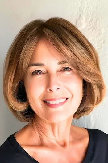 옆으로 휩쓸린 앞머리가 있는 둥근 밥 갈색 머리를 가진 웃고 있는 나이든 여성의 헤어스타일입니다.