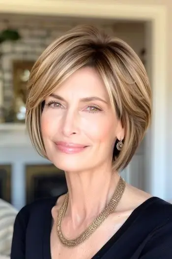 금발 하이라이트가 있는 갈색 머리를 가진 웃고 있는 나이든 여성의 매끄러운 턱 길이 레이어드 밥 헤어스타일.