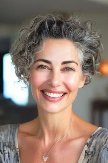 회색과 검은 머리를 가진 웃고 있는 나이든 여성의 곱슬 소금과 후추 픽시 밥 헤어스타일.