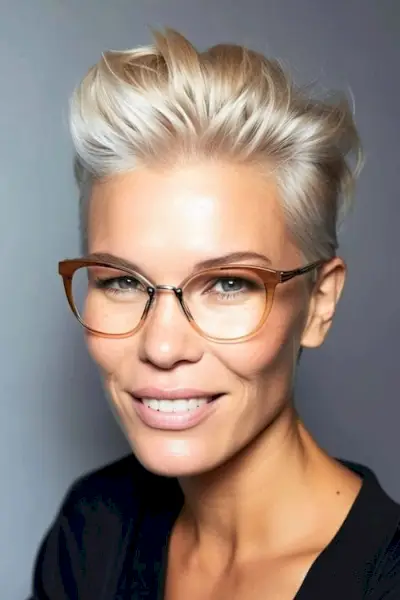 안경을 쓴 나이든 여성의 픽시를 뒤로 닦았습니다.