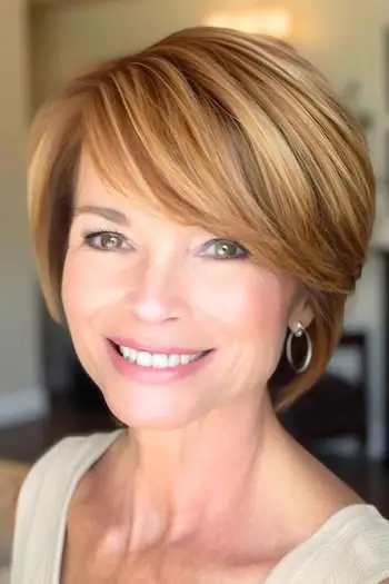 황금빛 갈색 머리를 가진 웃고 있는 나이든 여성의 앞머리 헤어스타일을 가진 픽시 밥.