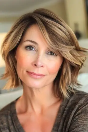 옆으로 휩쓸린 앞머리의 질감 있는 레이어 갈색 머리와 금발 하이라이트가 있는 웃고 있는 나이든 여성의 헤어스타일.