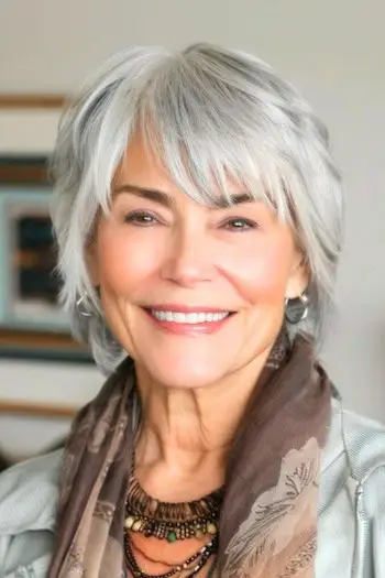 회색 머리를 가진 웃고 있는 나이든 여성의 프린지 헤어스타일이 있는 테이퍼 레이어.