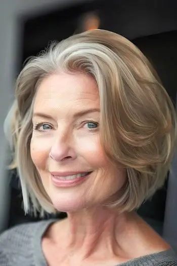 금발 갈색 머리를 가진 웃고 있는 나이든 여성의 부드러운 깃털 밥 헤어스타일.