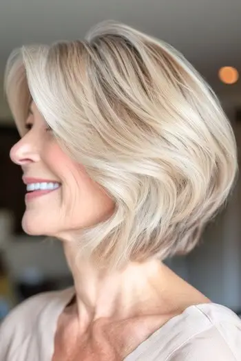 금발 머리, 옆모습을 가진 웃고 있는 나이든 여성의 둥근 밥 헤어스타일을 계층화했습니다.