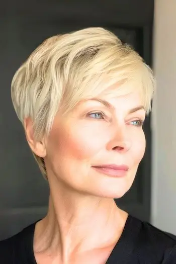 측면을 쓸어 넘긴 앞머리의 질감 있는 픽시 금발 머리를 가진 나이든 여성의 헤어스타일입니다.