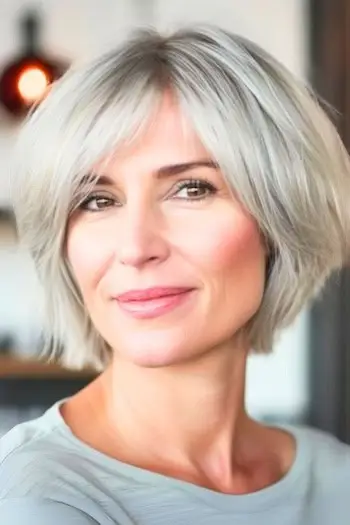 은색 머리를 가진 웃고 있는 나이든 여성의 헝클어진 레이어드 크롭 컷 헤어스타일.