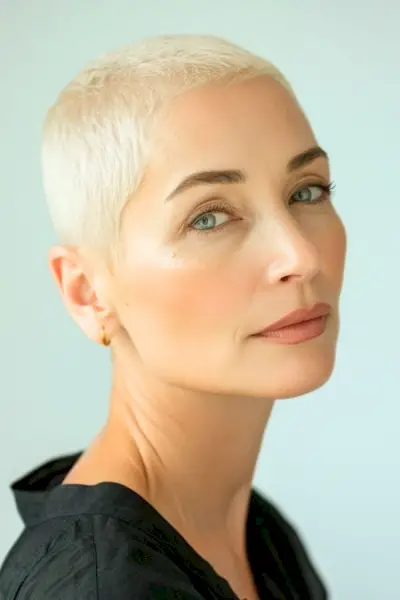 화려한 나이든 여성의 금발 버즈 컷.