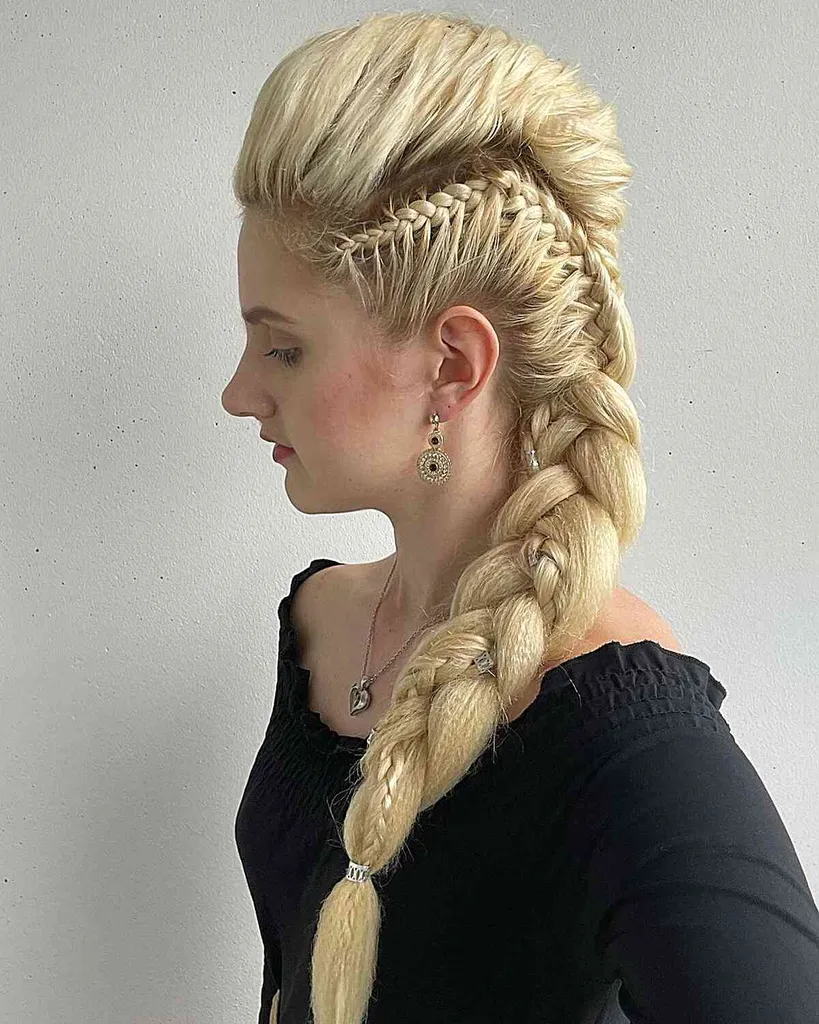 Lang blond Lagertha Viking-kapsel met enorme en minivlechten' title=