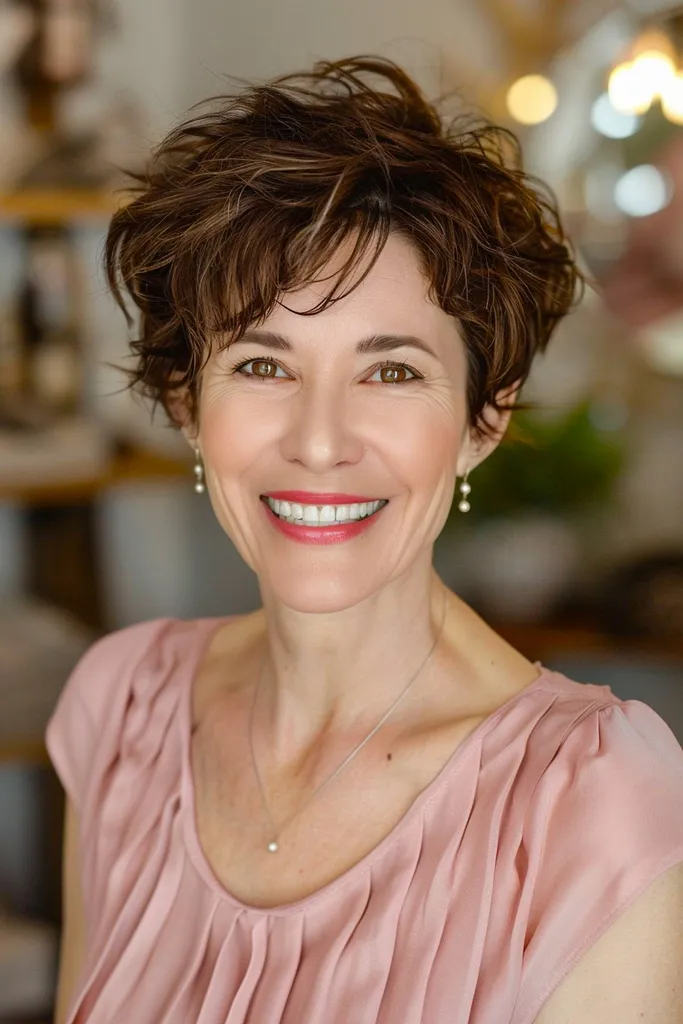 Krátky huňatý účes pre ženy nad 50 rokov' title=