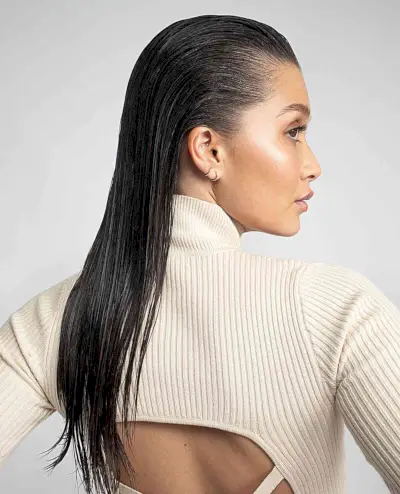Swept Back Wet Style on Mid Back-Length Hair