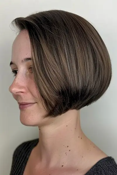 Short Precision Cut Bob with Chocolate Brown and Ash Blonde Highlights
