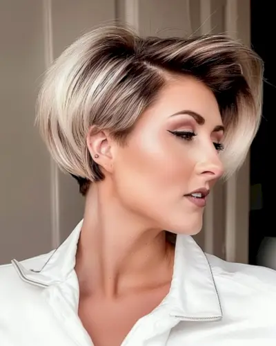 Stylish woman with sleek platinum blonde asymmetric wedge haircut