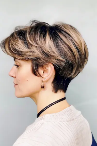 Woman with dynamic blonde-highlighted wedge haircut showing voluminous layers
