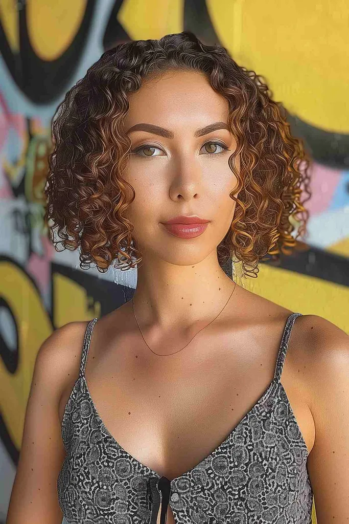 Kort krøllete bob med definert pin curl spiral perm og rødbrune highlights' title=