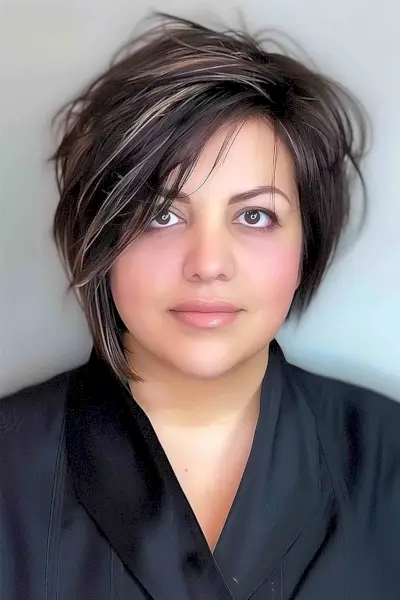 Asymmetrical brunette bob with side-swept bangs, ideal for creating a slimming look for women with full faces.