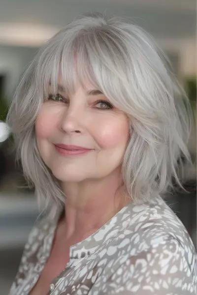 Layered bob haircut for women over 60 with chubby cheeks and fringe