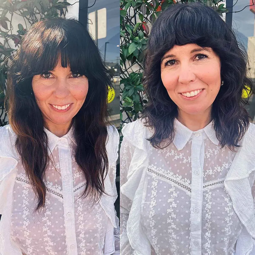 Bob largo y peludo con flequillo para mujeres mayores de 50 años.' title=