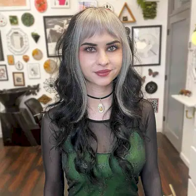 Different 90s-Grunge Long Black Hair with a White Money Piece Hairstyle