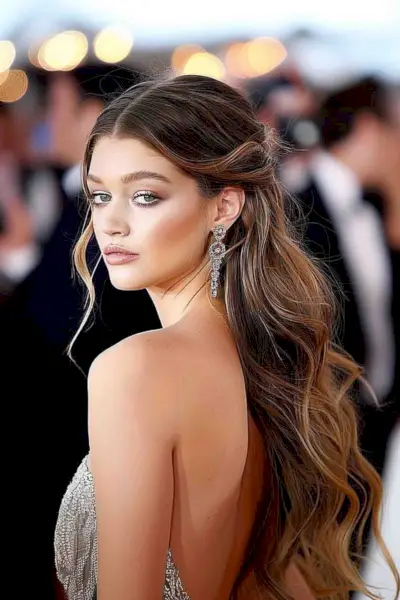 Elegant gala event half-up hairstyle with soft waves and face-framing strands