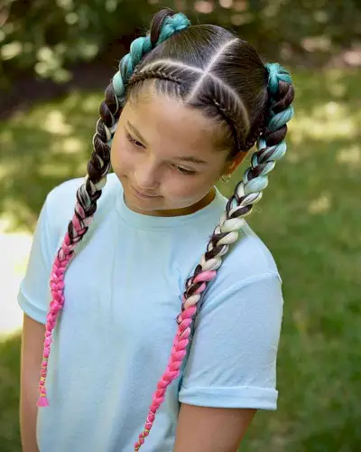 Different Pigtails Softball Hairstyle with Long Colored Braids