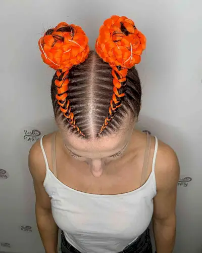 Different Bright Orange Braided Space Buns