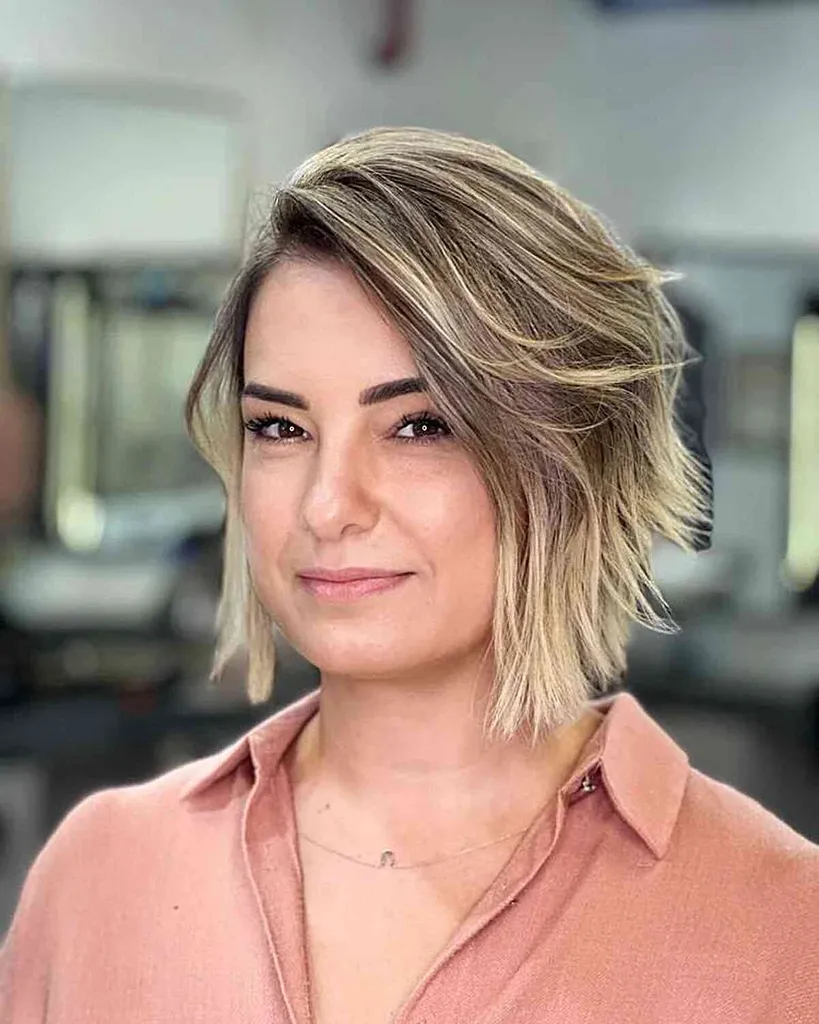 Tupý špinavý blond Balayage Bob s hlbokou bočnou časťou' title=